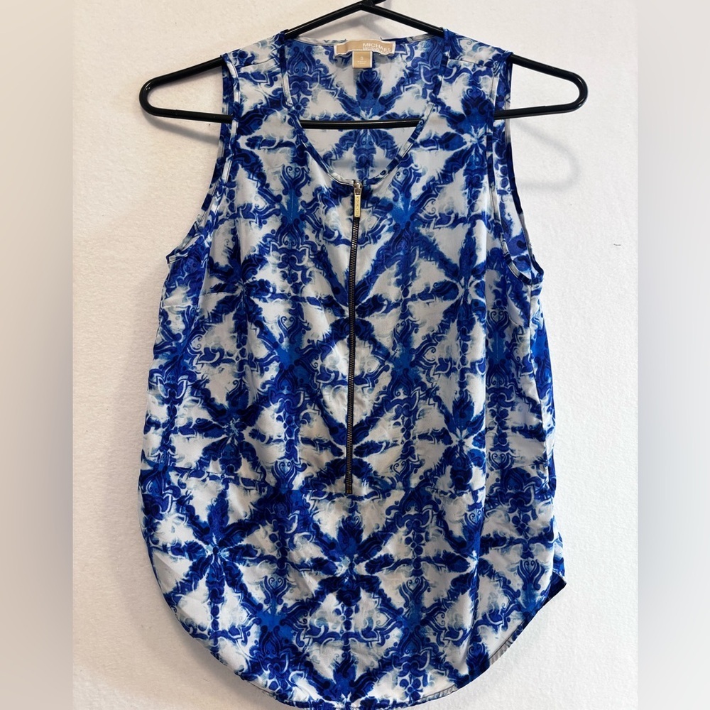 Michael Kors Blue Porcelain Print Zip Front Blouse S